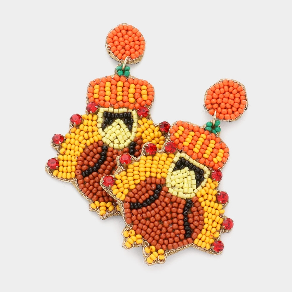 Thanksgiving Turkey Dangle Earrings Holiday Beaded Orange Brown Drop Jewelry
